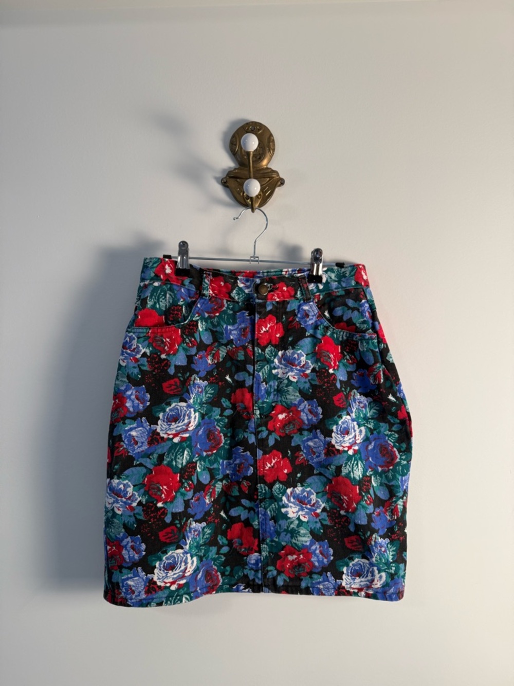 Vintage denim skirt with floral pattern